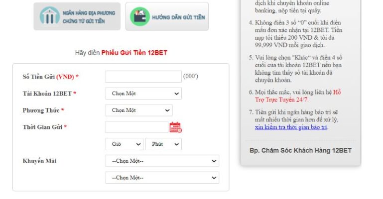 Các Bước Nạp Tiền 12Bet Siêu Đơn Giản