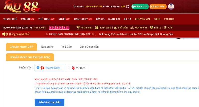 Cách nạp tiền MU88 chi tiết và cách rút thưởng khi thắng cược 1 Các Hình Thức Nạp Tiền Mu88 Phổ Biến Nhất Tại Nhà Cái