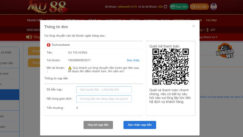Cách nạp tiền MU88 chi tiết và cách rút thưởng khi thắng cược 2 Các Thao Tác Nạp Tiền Mu88 Đơn Giản Và Dễ Thực Hiện