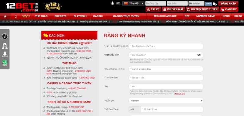 Hoàn Thiện Form Đăng Ký 12Bet 