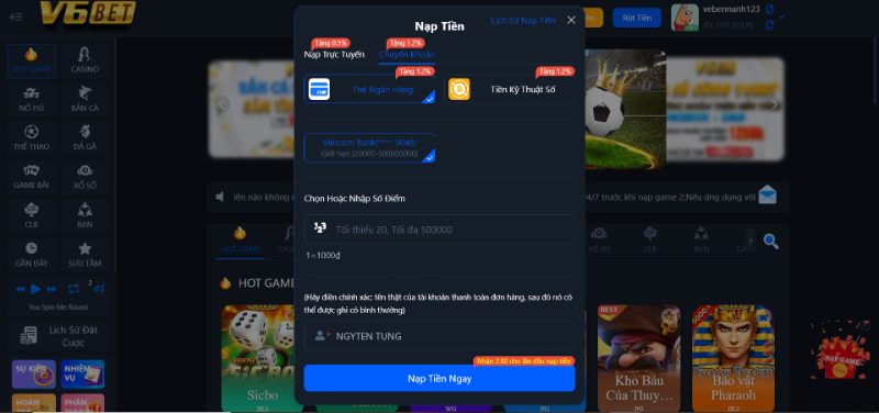 Các Bước Nạp Tiền V6Bet Qua Ngân Hàng Nhanh Chóng Nhất