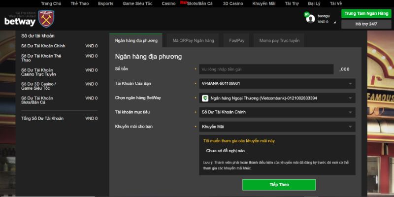 Hướng Dẫn Nạp Tiền Nhà Cái Betway