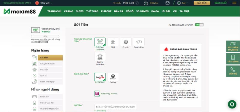 Hướng Dẫn Nạp Tiền Tại Maxim88 Siêu Tốc Độ