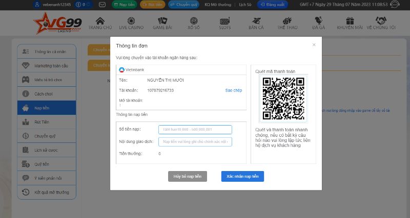 Hướng Dẫn Nạp Tiền Vào Nhà Cái Vg99