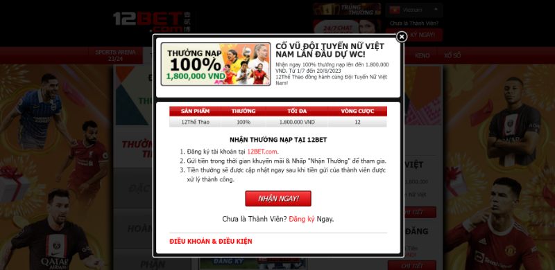 Khuyến Mãi 12Bet Thưởng Nạp 100% Lên Tới 1.800.000 Vnd