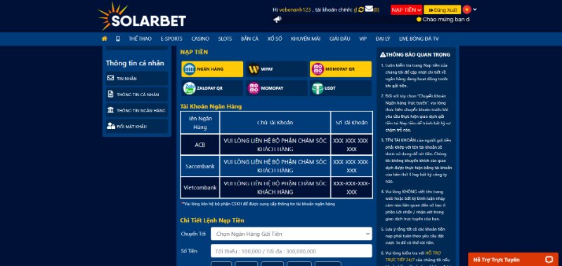 Hướng Dẫn Nạp Tiền Nhà Cái Solarbet