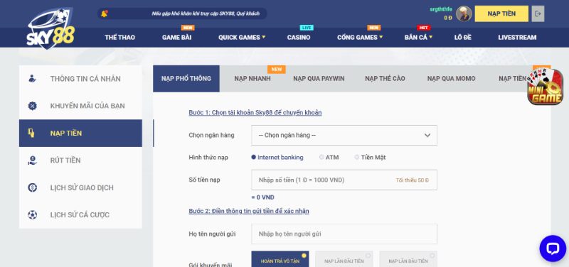 Hướng Dẫn Nạp Tiền Sky88